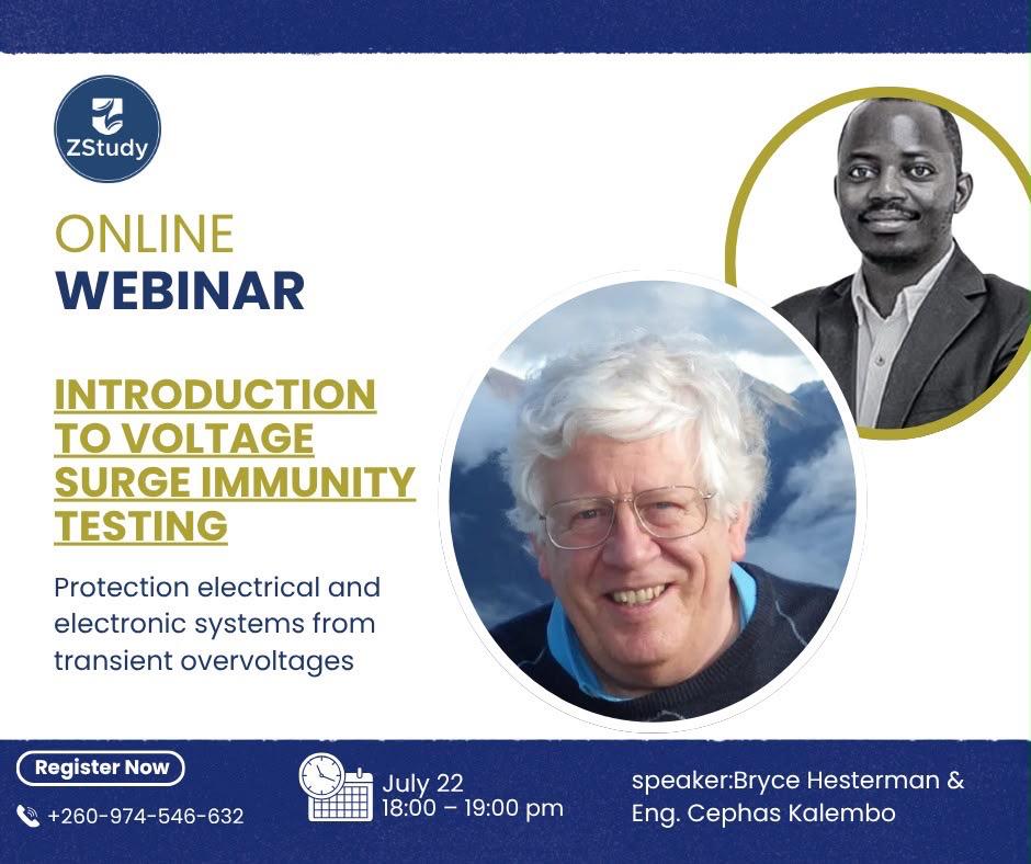ZStudy online webinar poster on voltage surge immunity testing with speaker portraits